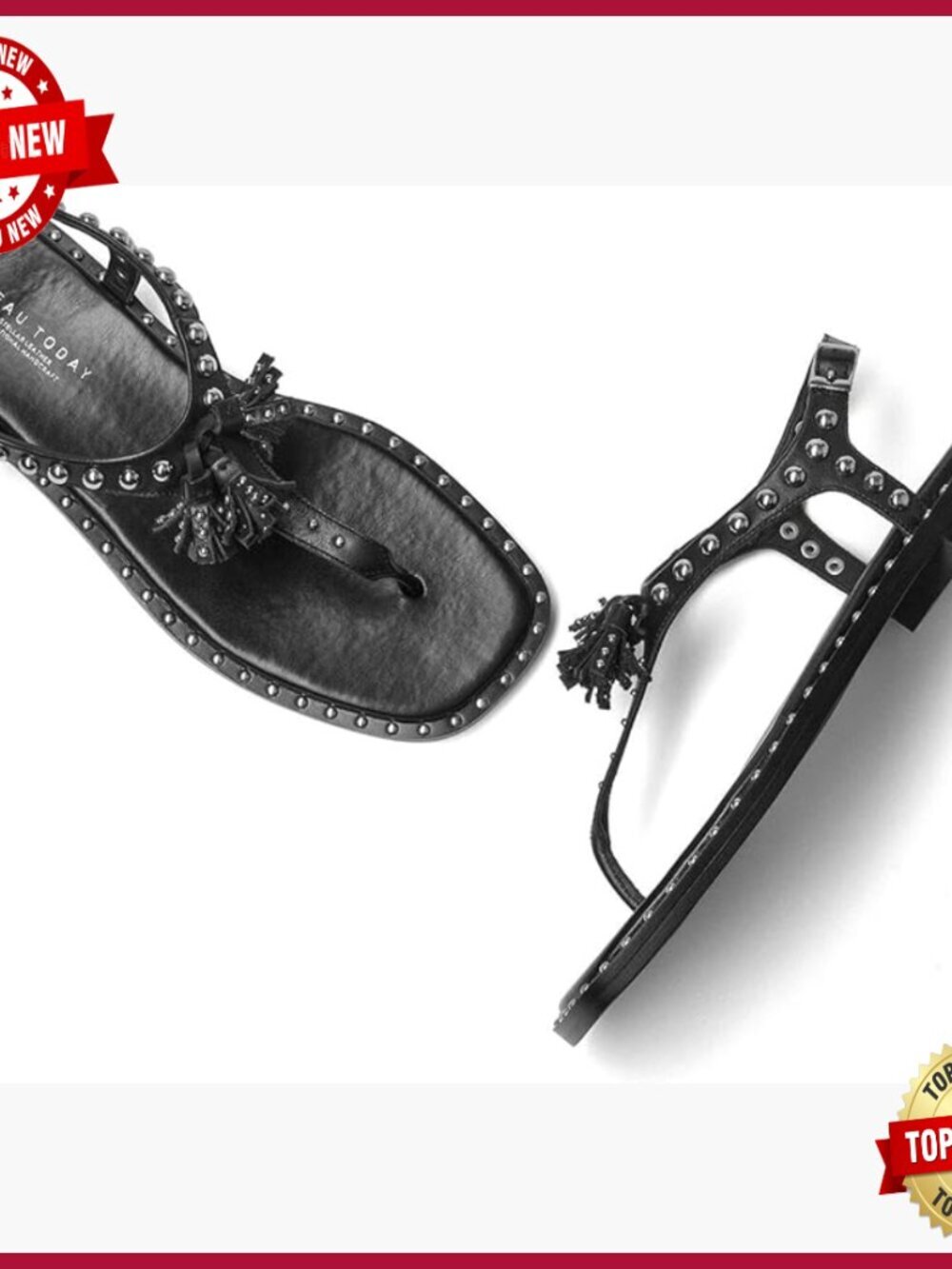 Women's Studded Leather T-Strap Flat Sandals Boho Flip Flops